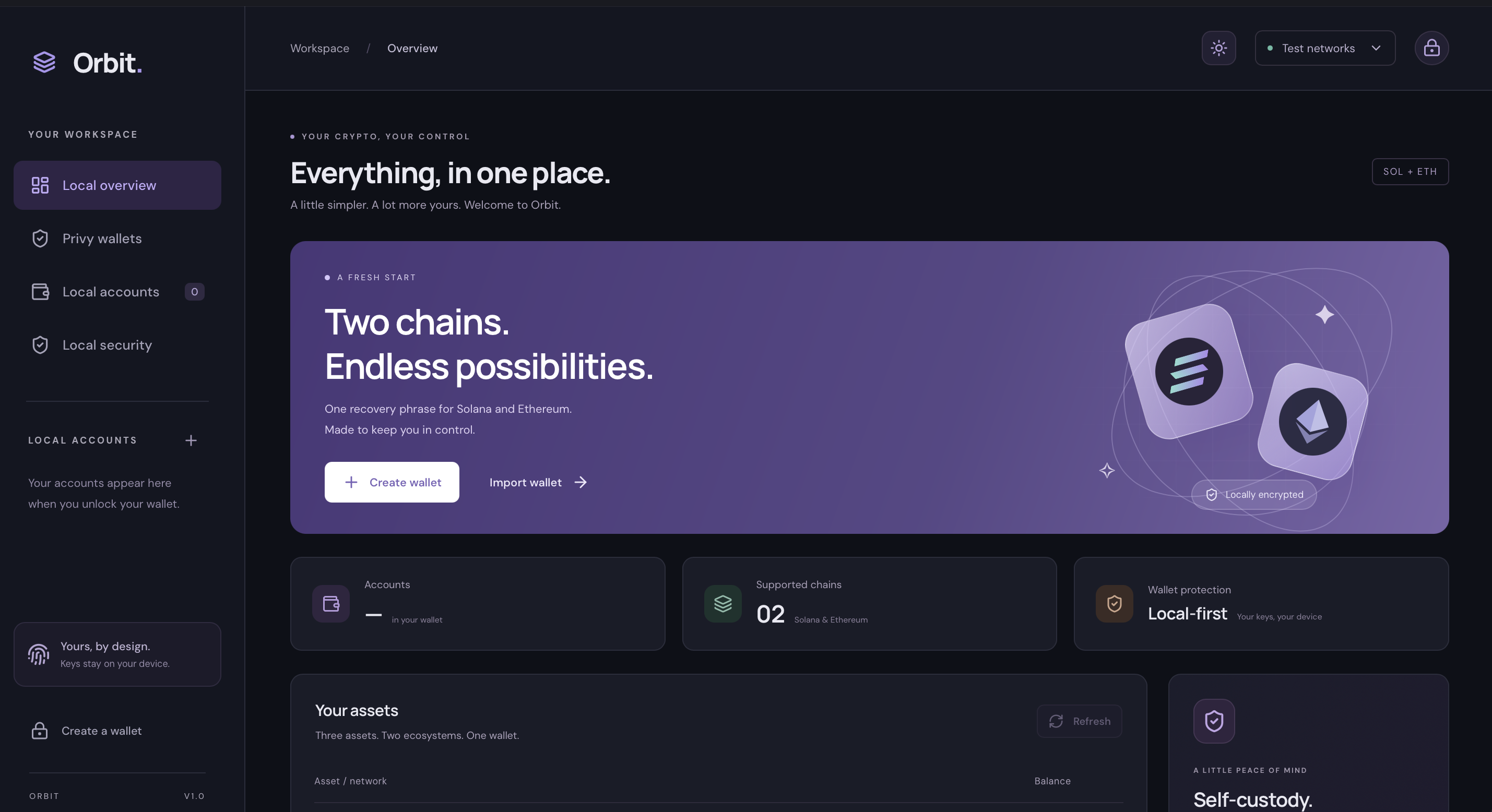 Orbit dashboard showing wallet creation, Solana and Ethereum support, and local wallet security.